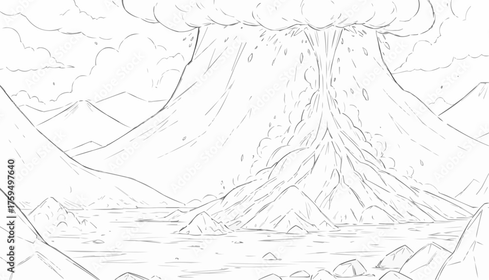 Obraz premium Volcano eruption coloring page featuring lava flow and dramatic landscape for creative expression 