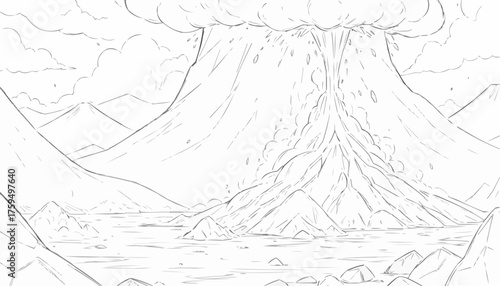 Volcano eruption coloring page featuring lava flow and dramatic landscape for creative expression
