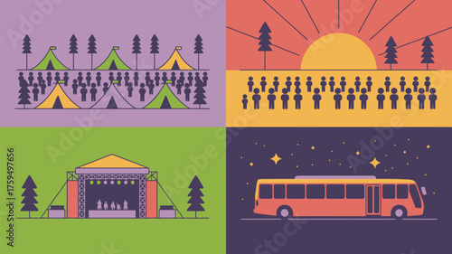 A collage showing a festival with camping, stage, sunset, people, and a bus at night time scene