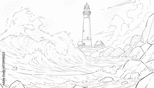 Detailed lighthouse coloring page with crashing waves and rocky shore for creative relaxation