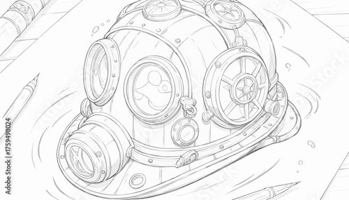 Vintage steampunk diving helmet coloring page with marine theme for creative exploration
