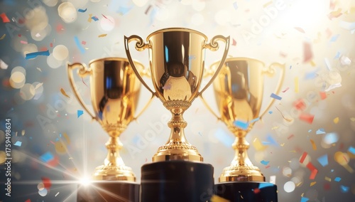 Three golden trophies stand on a podium with confetti falling around them