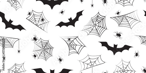 Halloween spider web, bat seamless pattern, cobweb doodle background. Scary silhouettes set, spooky black simple bg, mystical Halloween design wallpaper. Vector illustration