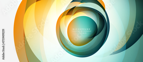 Abstract design features layered circles, vibrant colors. Orange, teal, gold hues create dynamic visual effect. Modern, clean aesthetic.