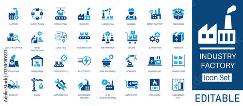 Factory and Industrial Production solid icon set. featuring AI in Manufacturing, Robotics, Supply Chain, and Sustainable Factory. Flat vector design for industrial automation and smart manufacturing.