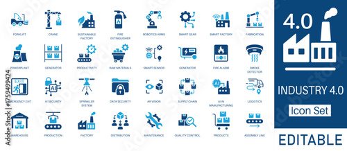 Industry 4.0 and Smart Factory solid icon set. featuring AI in Manufacturing, Robotics Arms, Supply Chain, and Smart Sensor. Flat vector design for industrial automation and digital transformation.