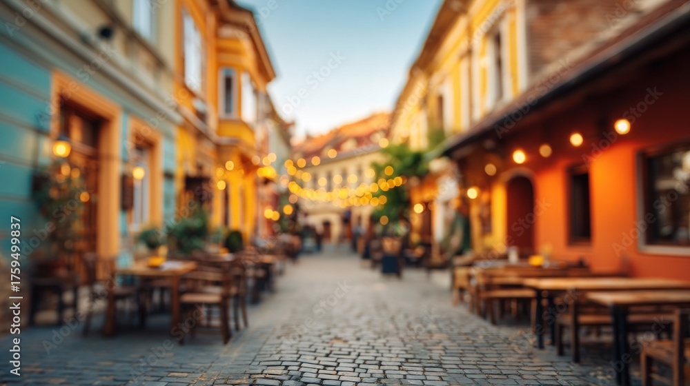 Fototapeta premium A charming cobblestone street lined with colorful buildings and outdoor dining, illuminated by warm string lights creating a cozy atmosphere.