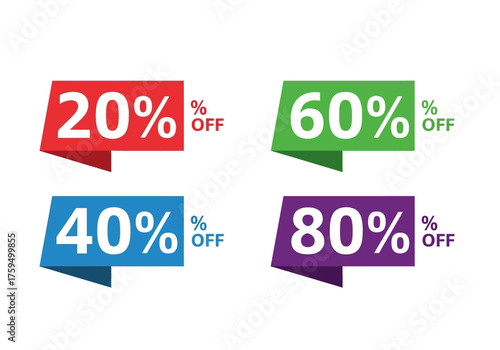 Colorful promotion stickers displaying percentage discounts each in a distinct color scheme