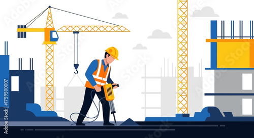 Construction worker with jackhammer at active building site with cranes Industry and development