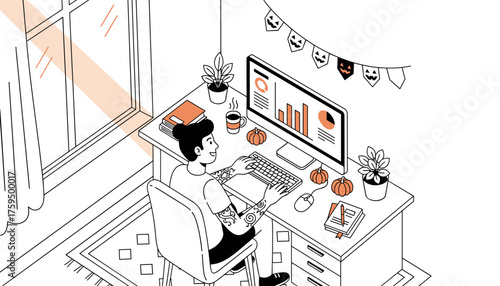Person working on computer at home office analyzing data Festive Halloween decor cozy setting