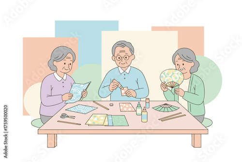 Joyful seniors engage in craft activity making intricate paper fans