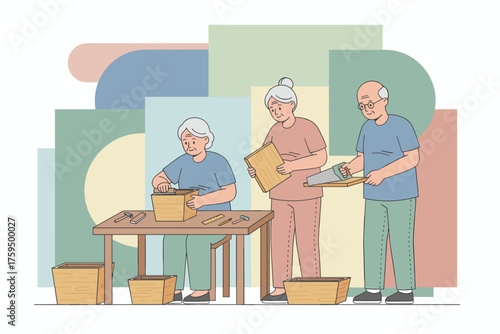 Elderly friends actively engage in woodworking crafting wooden boxes together as a fulfilling hobby
