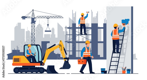 Construction workers actively building a city symbolizing development teamwork and progress
