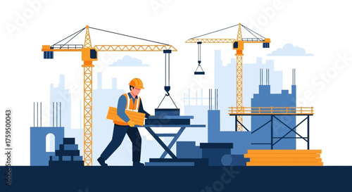Construction worker on an active building site with cranes illustrating urban development