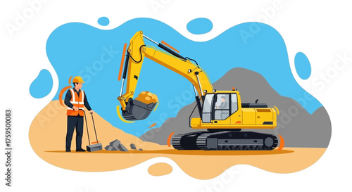 Worker and excavator on a construction site Heavy industry building and development concept