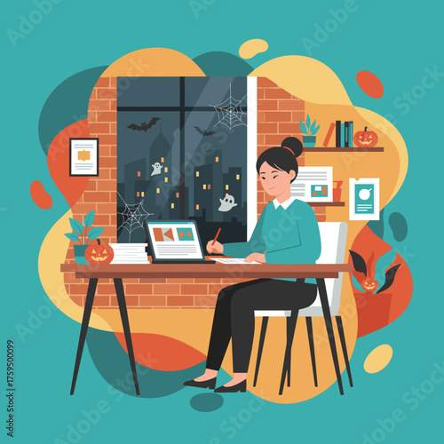 Smiling woman working at a Halloweendecorated home office desk with a city night view