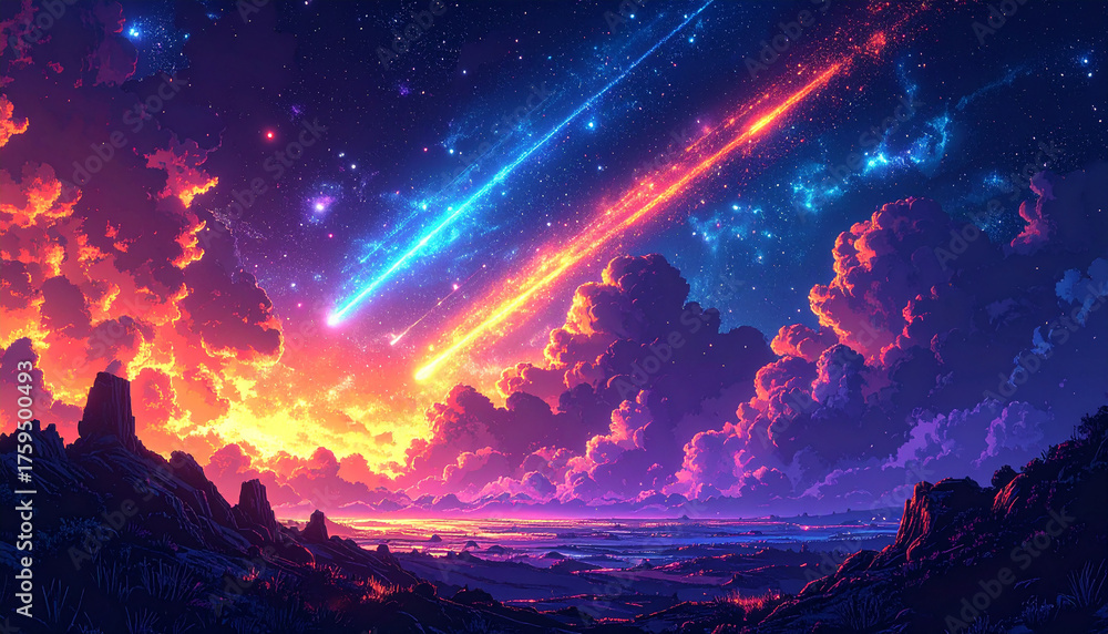 Obraz premium Abstract glowing meteor shower pixelated across night sky, pixel stars, pixel trails, neon gradients of orange, blue and purple, surreal 8-bit cosmic weather, ultra-HD, no text.