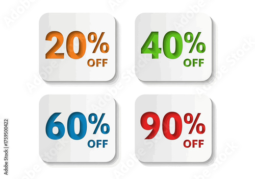 Four colorful discount labels with 20 OFF 40 OFF 60 OFF and 90 OFF on white with drop shadows