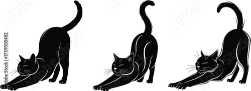 Black cat stretching silhouette set isolated on white background, elegant feline yoga pose illustration, pet posture design vector art