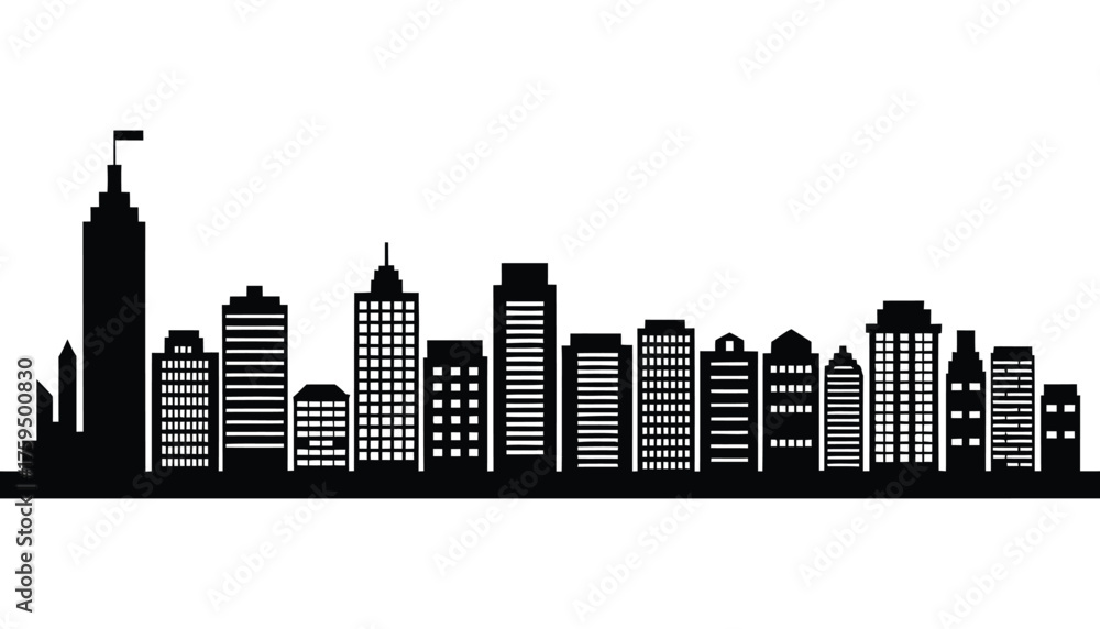 Fototapeta premium Urban city skyline vector silhouette illustration with downtown skyscrapers and architecture