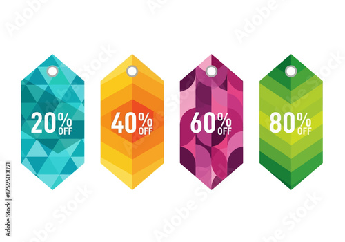Four colorful price tags arranged horizontally displaying 20 40 60 and 80 off discounts