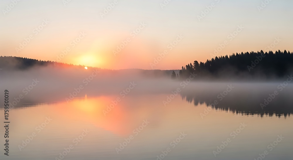 Fototapeta premium Mystical foggy sunrise on the lake, vibrant sun rays filtering through