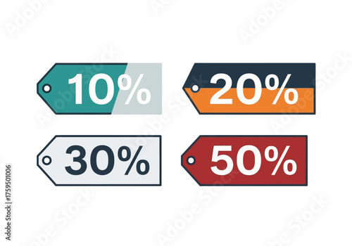 Four colorful sale tags labeled 10 20 30 and 50
