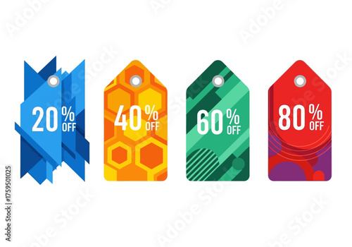 Four colorful sales tags in blue orange green and red with 20 40 60 and 80 off discounts