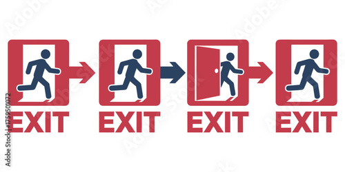 Green man and woman running people toilet sign vector icon with arrow for emergency exit escape safety illustration
