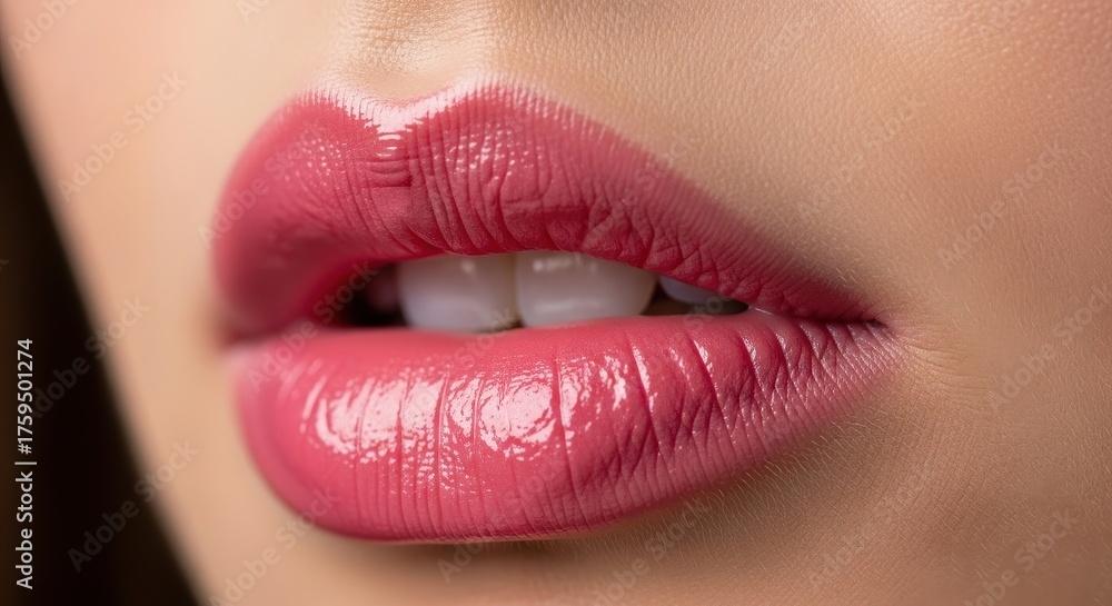 Obraz premium Woman lips with shiny pink lipstick. Close up of beautiful female mouth. Macro shot of cosmetic makeup and beauty product.