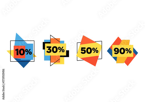 Four geometric promotion icons displaying 10 30 50 and 90 discounts in vibrant colors on a white background