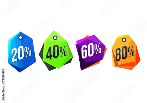 Four geometric sales tags displaying 20 40 60 and 80 discounts