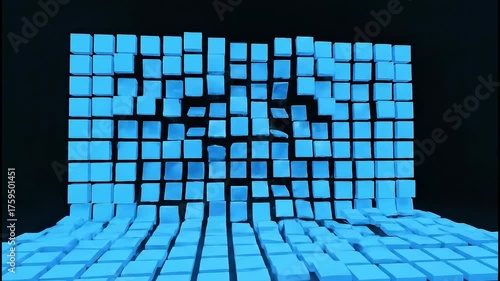 Abstract 3D animation of glowing blue blocks forming a wall. Vertical video of a digital structure being constructed and then disintegrating into chaos. Technology and data fragmentation concept