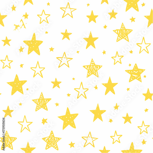 Doodle naive yellow stars seamless pattern. Hand drawn shine or sparkle vector wallpaper.