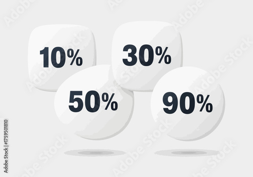 Four white shapes display the percentages 10 30 50 and 90 in bold dark font Shadows suggest levitation