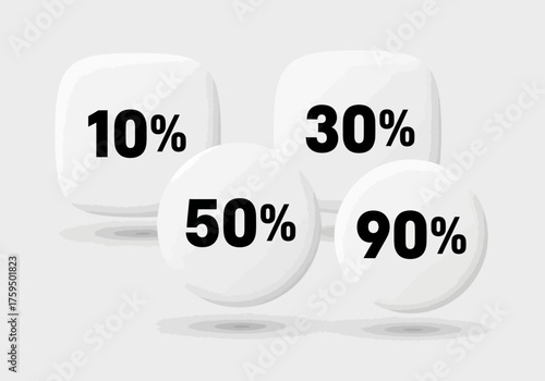 Four white shapes with 10 30 50 and 90 printed on them