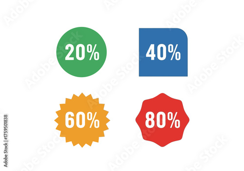 Graphic with discount labels 20 40 60 and 80 in different shapes and colors against a white background
