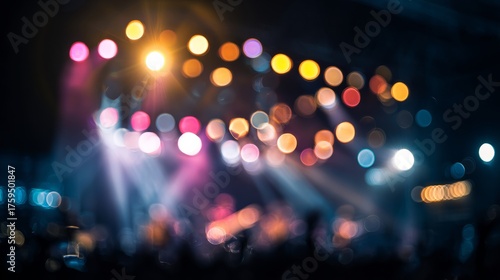 Vibrant stage lighting with beams of color shining through the concert crowd.