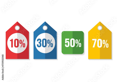 Sale tags in red blue green  yellow with 10 30 50  70 discounts against a white background