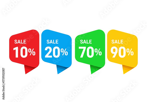 Sale tags red 10 blue 20 green 70 yellow 90 each with a downturned corner