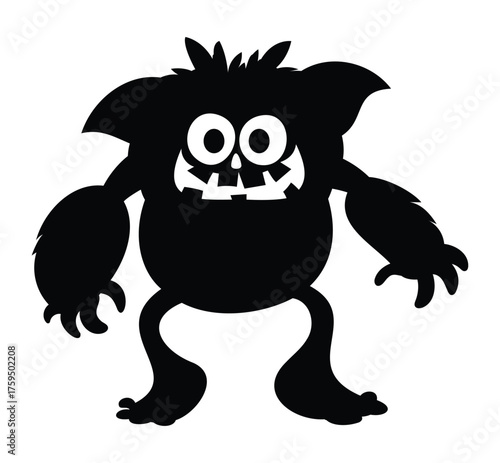 Round, shaggy, and goofy black silhouette of a small funny monster beast with a wide grin and large arms. Vector cartoon illustration