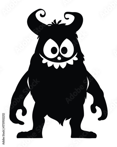 Hairy, friendly, and cute black silhouette of a monster character with big eyes, horns, and sharp teeth, standing happily. Vector cartoon illustration