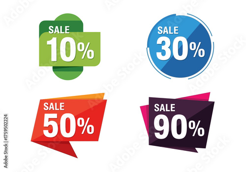 The image features four colorful discount labels with different percentages