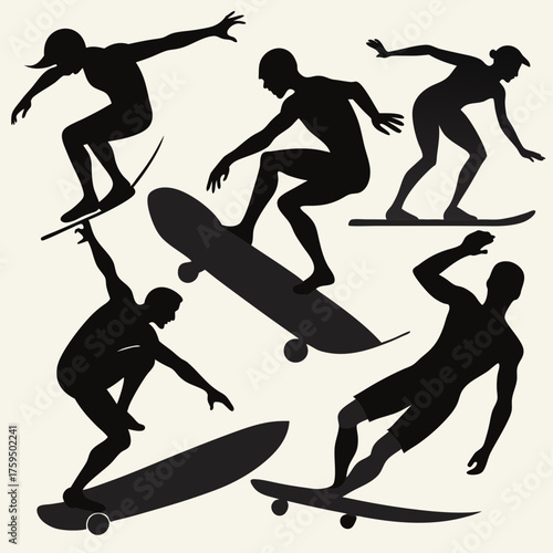 Dynamic silhouettes of skateboarders performing tricks in various poses