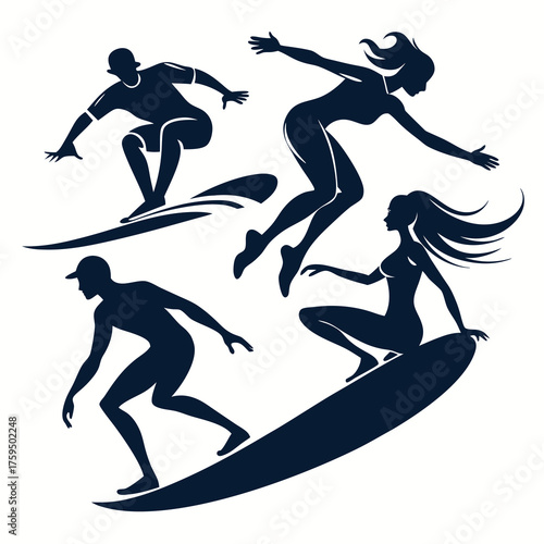 Dynamic silhouettes of surfers riding waves in various poses