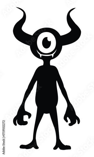 Skinny, smiling, one-eyed cyclops monster with huge curling horns and long, spooky arms, standing on bare feet. Vector cartoon illustration