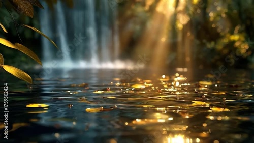 Sunlight filtering through trees illuminates a forest waterfall and rippling water