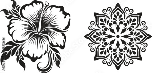 Boldly blooming hibiscus tattoo design paired with an intricate mandala stencil in clean vector art