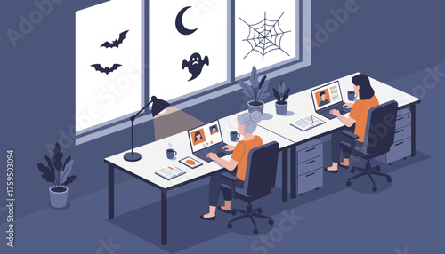 Remote work in a Halloweenthemed office Women collaborating online with laptops