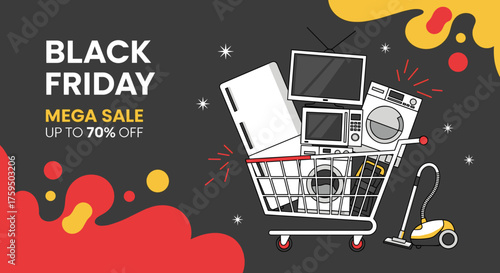 Black Friday Mega Sale Shopping cart loaded with home appliances and electronics